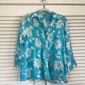 Foxcroft Womens Shaped Fit 100% Linen Floral Button-Down Shirt Size 4